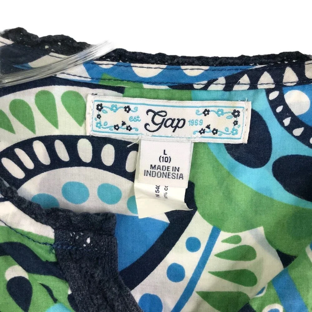 Gap Tunic Top Girls Large 10‎ Green Blue Paisley Boho Split Neck Crochet Trim